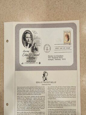 RARE COLLECTIBLE USPS 1ST DAY ISSUE COVER EDNA ST VINCENT MILLAY STAMP ENVELOPE